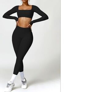 Weworewhat SET Activewear Black Long Sleeve Crop Top High Waist Leggings